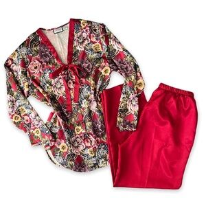 Vintage Floral Satin Matching Shirt & Pants Set